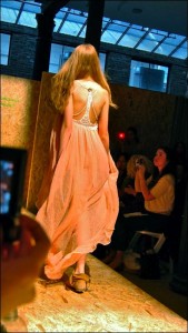 Back view of Eko-Lab's hand crocheted details on the peach gauze dress. 